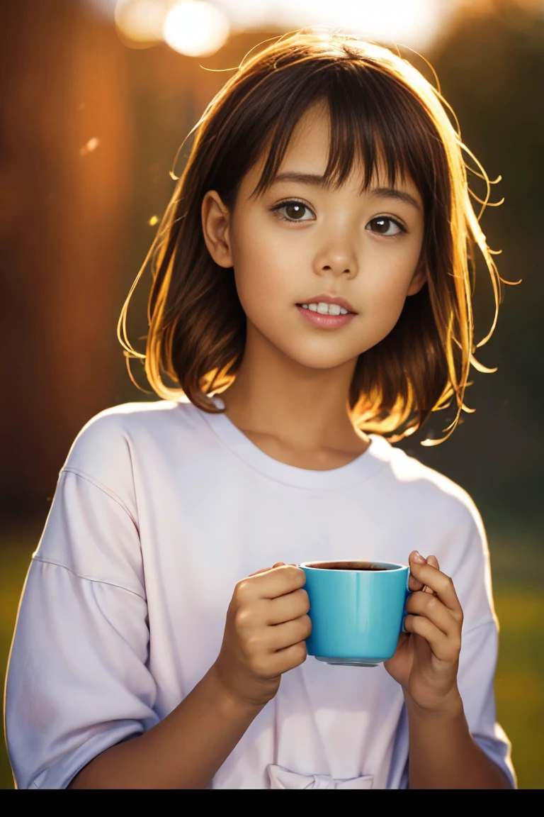 there is a young girl holding a cup of coffee in her hand, girl cute-fine-face, cute natural anime face, with cute - fine - face, sakimi chan, Chiho, Yoshitomo Nara, young cute face, beautiful japanese girls face, brown hair and large eyes, cute kawaii girl, beautiful light big eyes