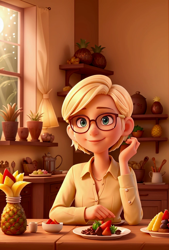 Beautiful blonde woman with glasses short hair sitting at the table with a plate a delicious chocolate cake with strawberries next to another pineapple cake a luxurious kitchen furniture with rustic details a the window with flower s the sun's rays hitting the window in the morning