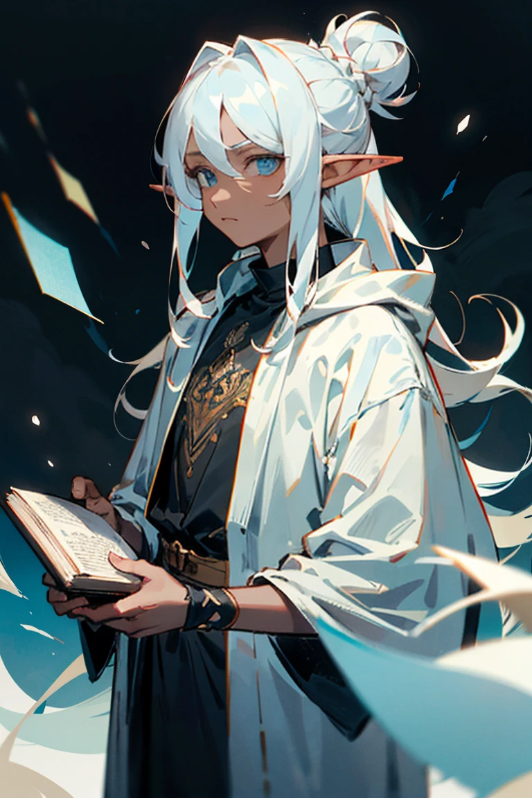((melhor qualidade)), ((obra de arte)), (detalhado), Male, dark grey/Gray skin, ice blue eyes, simple clothes, holding book, Elf ears, white hair, long hair, hair bun