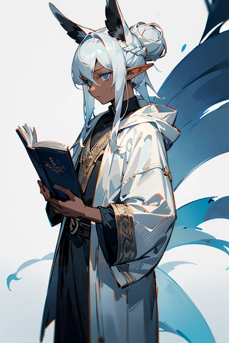 ((melhor qualidade)), ((obra de arte)), (detalhado), Male, dark grey/Gray skin, ice blue eyes, simple clothes, holding book, Elf ears, white hair, long hair, hair bun