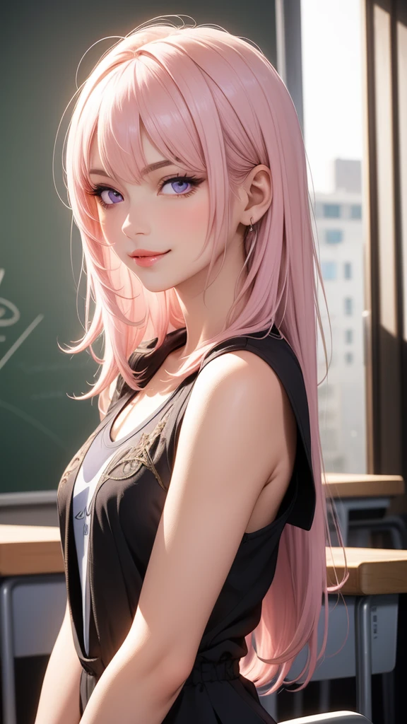 (masterpiece, best quality), intricate details, thin, ((slim)), beautiful girl, Light pink hair, light purple eyes, sharp jawline, Looking ahead , messy hair, lips, upper body, smirk, At school 