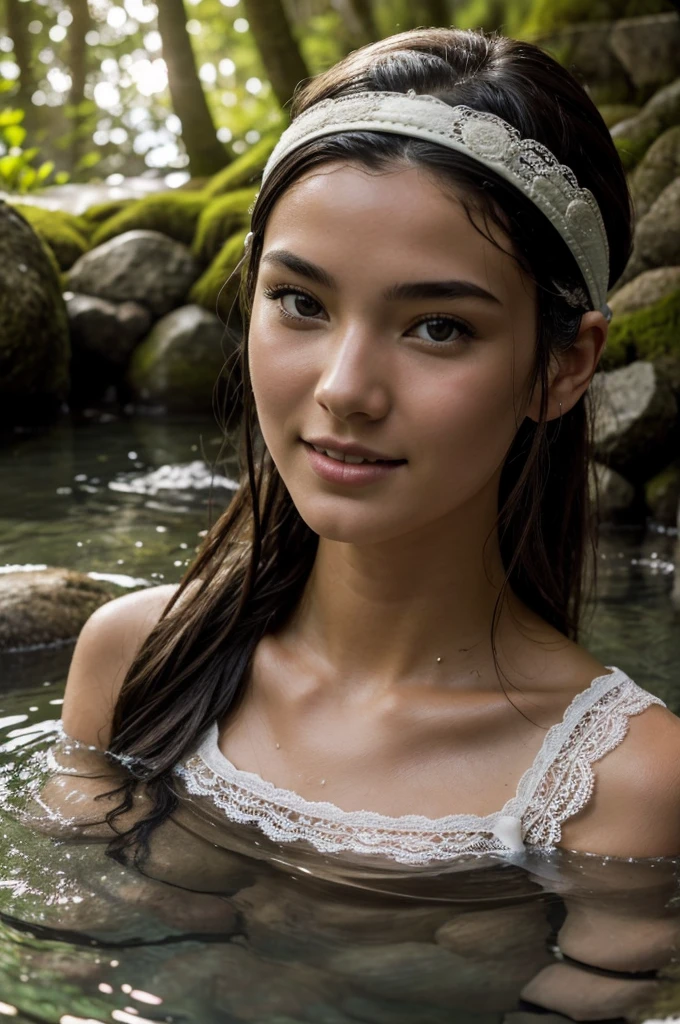 Best Quality, masterpiece, super high resolution, A super model submerged in hot springs in Japan., outdoor hot springs, stone hot springs, surrounded by moss and trees, super beautiful face, pure body, clear pores visible, (smile:0.8), using division (lace headband:1.2), (Realism:1.5), Photo original, soaked body, covered in sweat, bare shoulders, In the dark, deep shadows, low key, cold light
