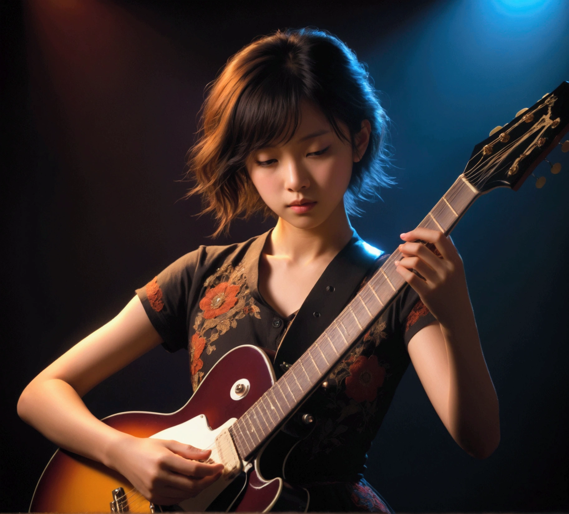 One girl, guitarist, エレキギターを弾くguitarist, Detailed facial features, Intricate guitar details, Dramatic lighting, Gloomy atmosphere, Structure of the film, oil, Vibrant colors, Dramatic Shadows, Accomplished musician, intense expression, Dynamic pose, Studio settings, Professional Quality, masterpiece, Highest quality, so beautiful, Absurd