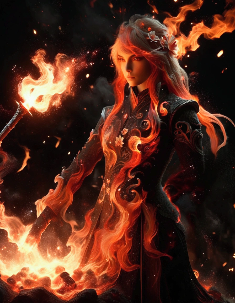 1girl, bangs, breathing fire, burning, burnt clothes, embers, ahoge, beige hair, multicolored hair, fire, flame, flaming sword, (hand on hilt), standing, long hair, pyrokinesis, expressionless, smoke, flower(symbol), solo, sparks, sunset, twilight, white flower, molten rock, lily (flower), fiery flower, depth of field, burning ,