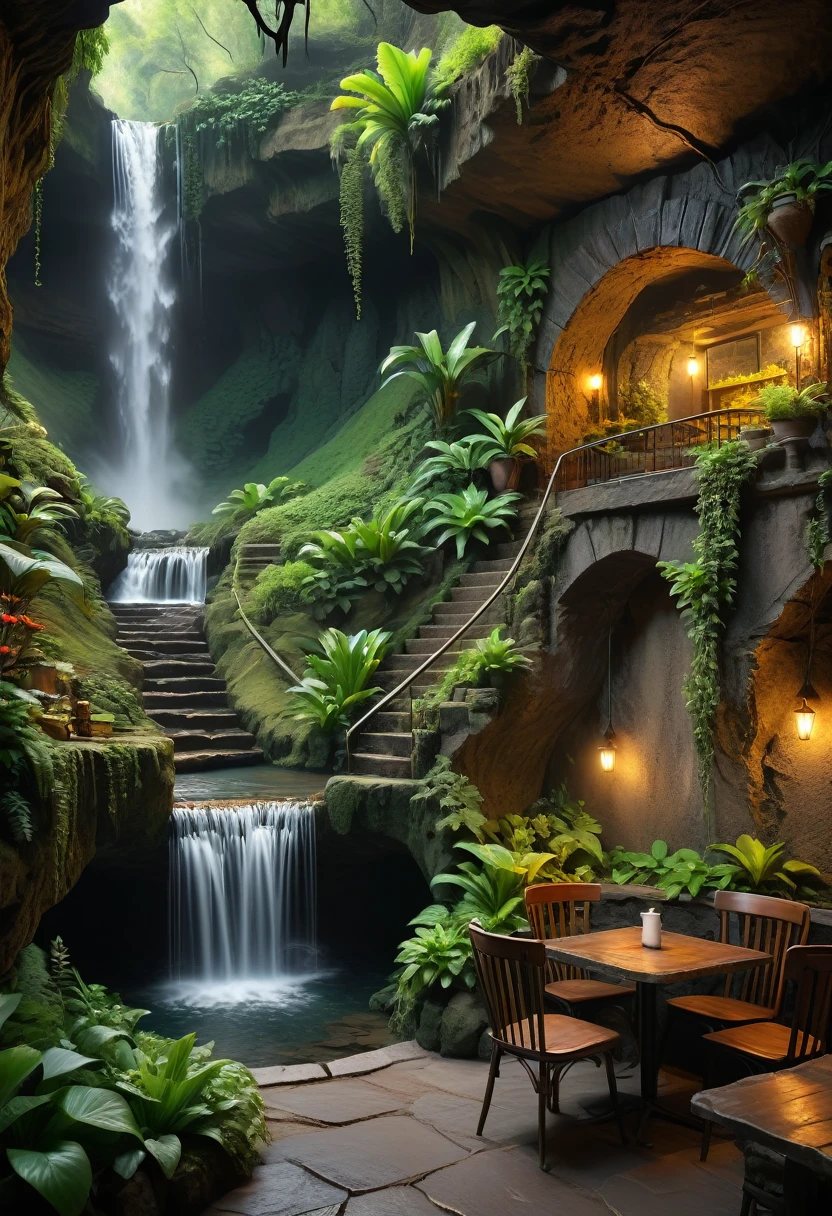 (Masterpieces with up to 16K resolution), Best Quality, (Very detailed CG Unity 16k 壁紙品質),(柔らかい色の 16K のVery detailedデジタル アート),Very detailed. | Perfect image,16k UE5,Edit Photos, Ultra-fine, Depth of written boundary, No contrast, Clean and sharp focus, Professional, No blur. | Dark Underground,Dark Cave, Dark Scene. | From the corner table and chair area of the Cafe Garden Terrace、Overlooking the vast underground gardens。, Beautiful underground waterfall, Awesome Wallpapers, Beautiful environment, Optimistic matte painting, Beautiful digital art, Cozy cafe background, beautiful and detailed scene, UHD Underground, UHD landscape,Relaxing concept art, Beautiful underground garden. | (((Learn more))).