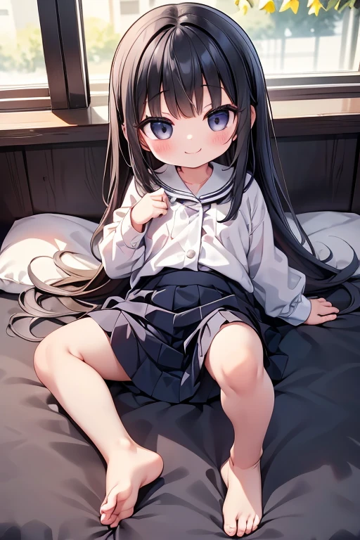 One person、Long Hair、Lori、Black Hair、With bangs、((2 year old girl))、small、((baby))、Baby Face、smile、Big eyes、barefoot、skirt、black eye、cute、身長のsmall、bed、Show the whole body、