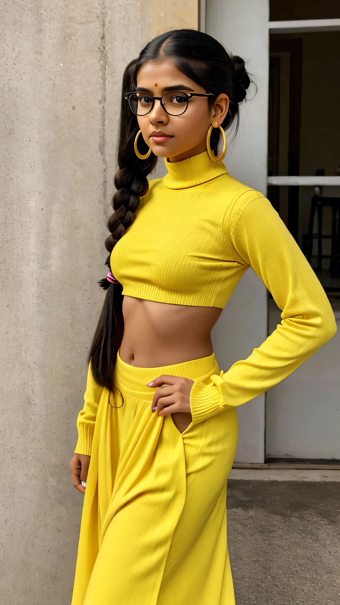 Mallu, 1girl, 18yo, solo, twin tail ponytail, two bun , long hair, looking at viewer, black hair, jewelry, turtle neck sweater, yellow, short trouser, morden dress, upper body, navel, , earrings, eye glasses, black eyes, lips, hoop earrings, realistic,mallu,