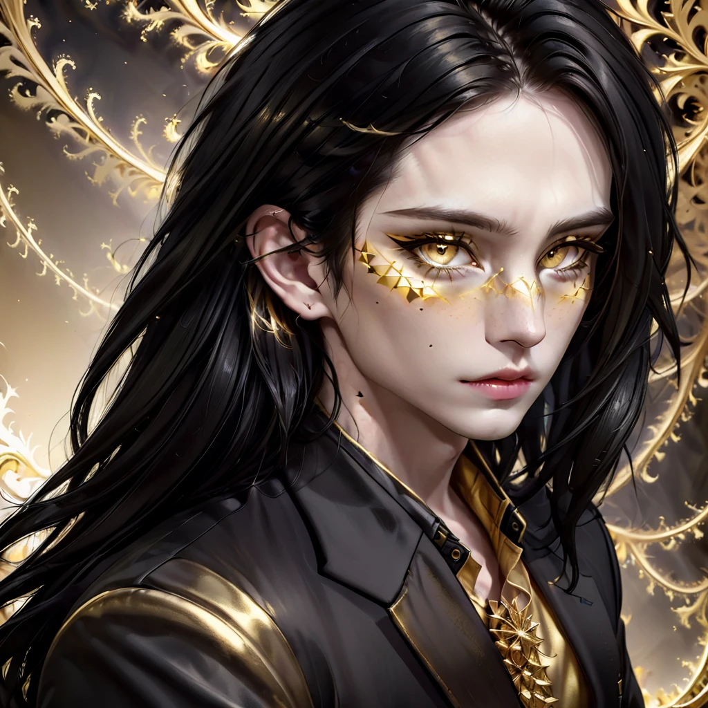 *8k Masterpiece, Top Quality, Best Quality, Official Art, (Beauty and Aesthetics: 1.3), Extremely Detailed, (Fractal Art: 1.3), Pale skin. scar across right eye. tall. slim yet athletic, golden color eyes. long hair. Black hair with streaks of gold. calm. male. black jacket.