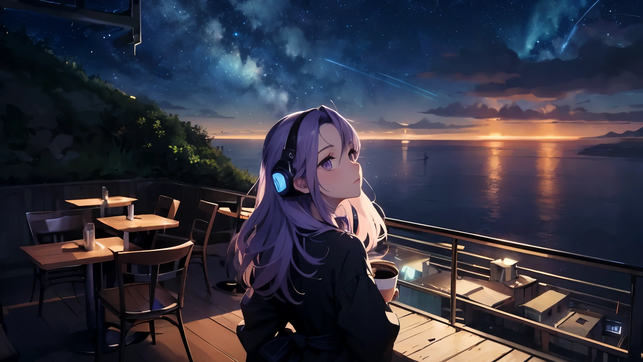 Anime style with early 80's city pop culture vibe, Atmosphere at Studio Ghibli, Cyberpunk City, cute, Wear headphones, Long sleeve. Hair blowing in the wind, CG, Unity, Highest quality, masterpiece, Best lighting, Intricate weaving,Emo Background, Detailed Background, (Starry Sky: 1.5), (night: 1.5), (Cafe: 1.5) (A hilltop overlooking the vast ocean: 1.5), beautiful woman, purple Long Hair, purple eyes, White skin, Rear view looking up at the sky , a bit far, beautiful
