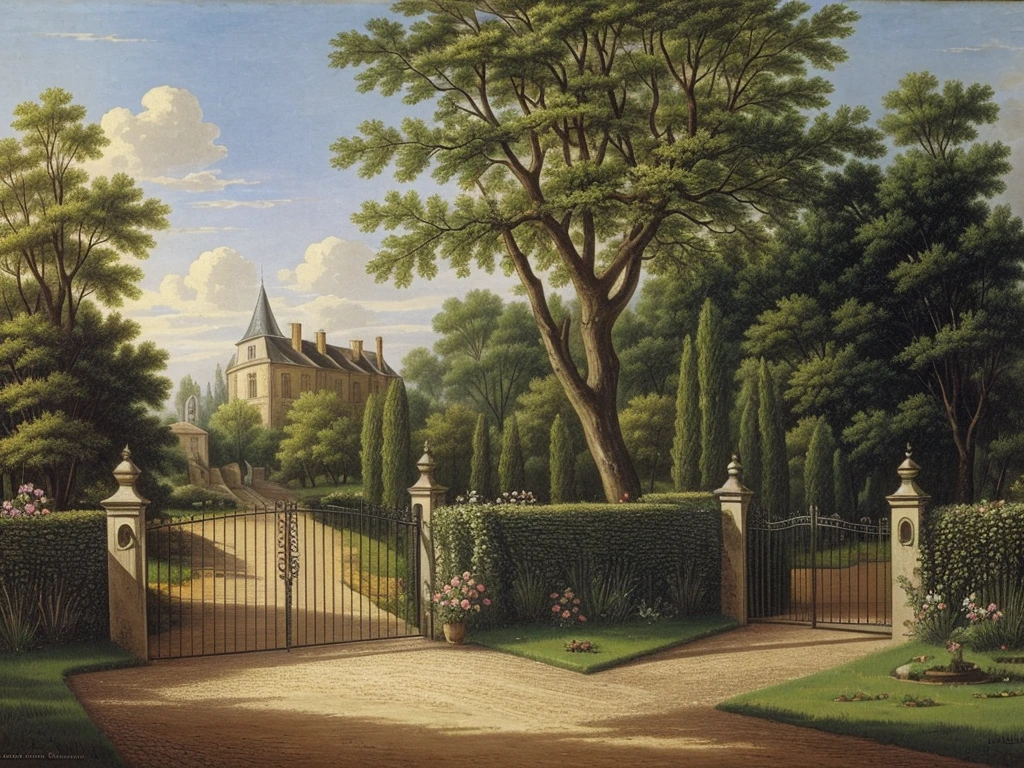 garden,cobblestone,a gate,in France,in1830s