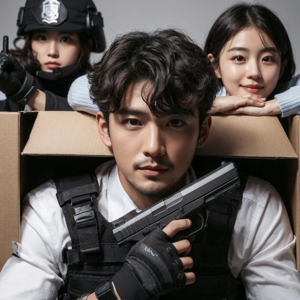 a stunning photo of a ((korean man clean face,with very short wavy curly hair)),wearing white Shirt,kevlar with a replica Glock17 is hiding behind the boxwall.the opposite boxwall is a woman as detective wearing tactical kevlar is carrying a replica HS9,watching him.On top of the boxwall is a  wearing police chief clothes,she smiling and laying watching at the two of them from above.plain background,Cinematic,professional photography 