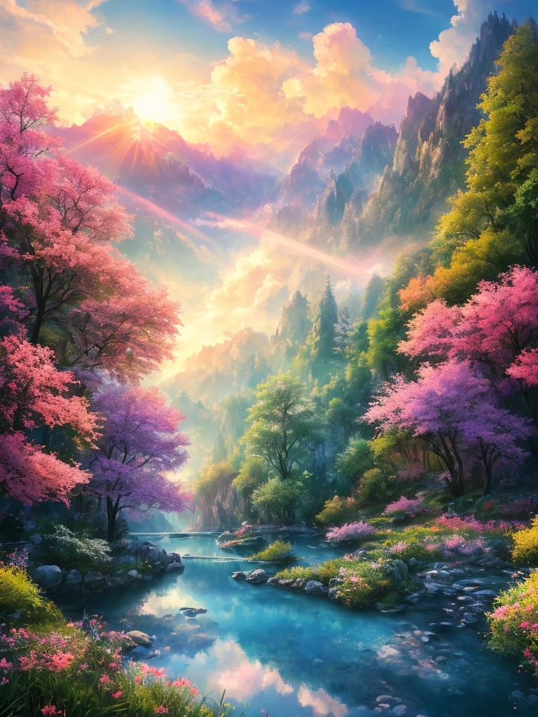masterpiece, 最high quality, high quality,Very detailed CG unity 8k wallpaper, Enchanting and dreamy fantasy forest scenery, Seven-colored garden, hidden fairy valley, Creates a sense of mystery and fascination, Sky Blue Sky, White dove flies, Complex, sunset, pastel colour, Award-winning photography, Depth of written boundary, High resolution, bloom, chromatic aberration ,Realistic,Very detailed, White cloud, Trending on CGsociety, Complex, Attention to detail, dramatic, art：midjourney