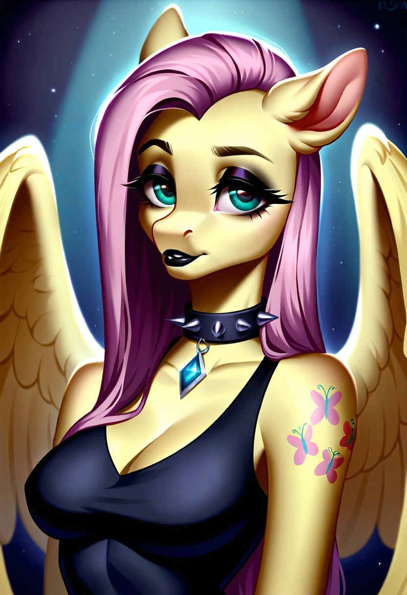 core_9, score_8_up, score_7_up, score_5_up, Fluttershy, wings, anthro pony, depicted as an anthro pony with a dark, gothic aesthetic. She has short dark hair with prominent purple accents, partially shaved on one side. She is wearing a black sleeveless top that exposes her shoulders and upper chest. Her arms and shoulders are adorned with tattoos of dark, abstract patterns. Around her neck, she wears a black spiked choker with a pendant. She has dark makeup with striking eyes and black lips. The background of the image has a dark purple hue, enhancing the gothic style