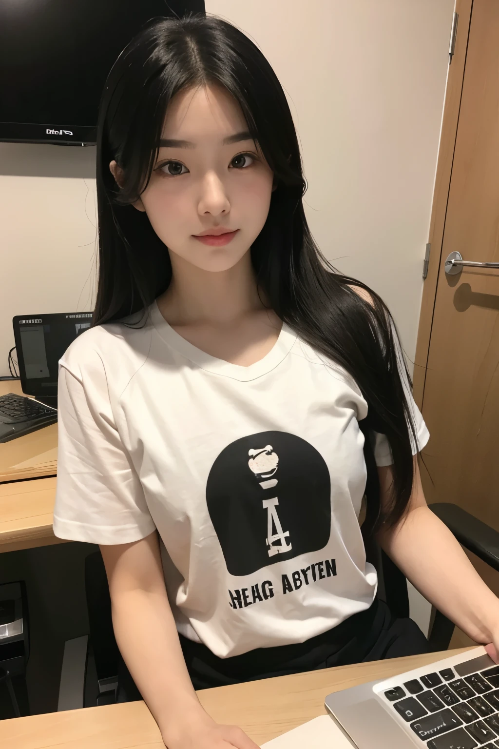 Small breasts Cute black hair Japanese Beauty T-shirt 15-year-old office worker