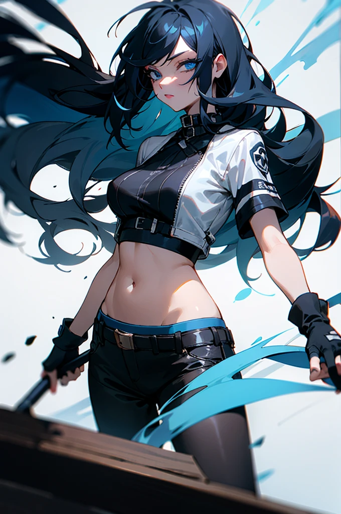 A woman with messy long black hair with a blue streak, blue eyes, clear skin, wearing make-up, medium breasts, wearing black punk clothing, black fingerless gloves, holding a deck of