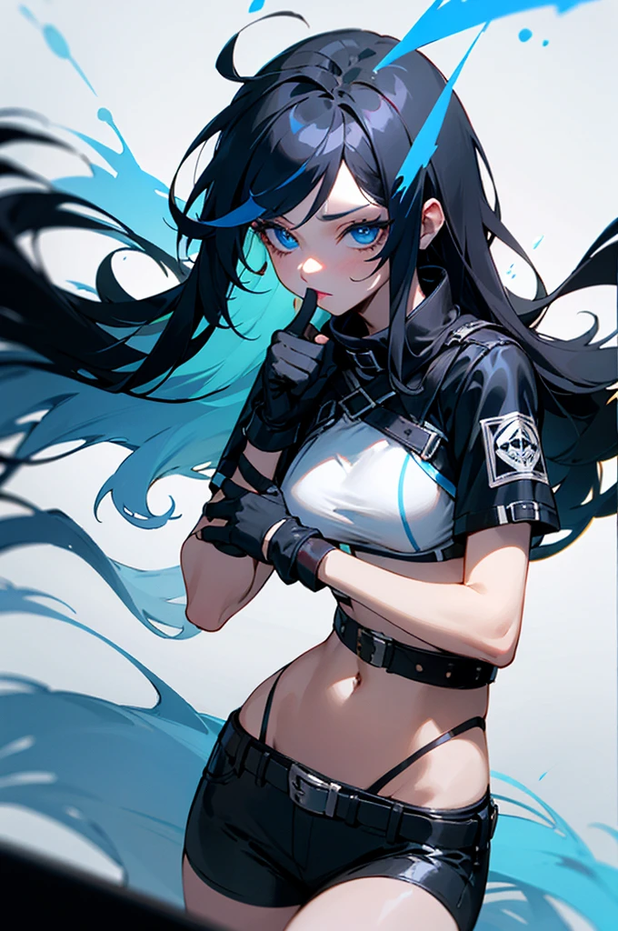 A woman with messy long black hair with a blue streak, blue eyes, clear skin, wearing make-up, medium breasts, wearing black punk clothing, black fingerless gloves, holding a deck of