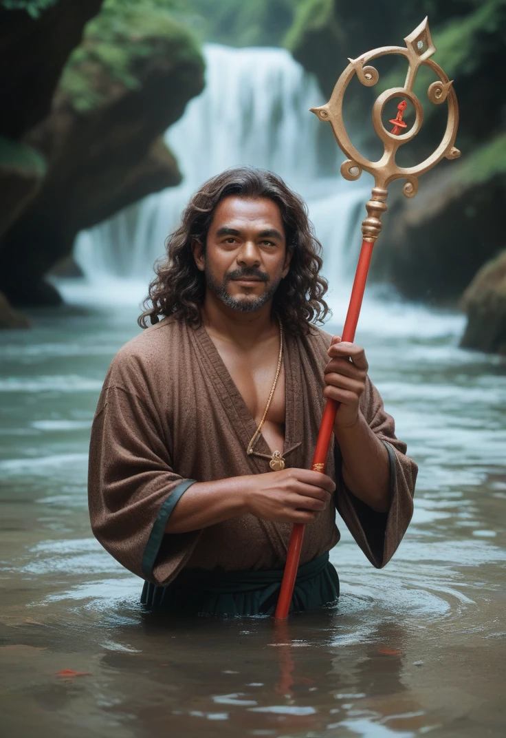 Twenty-one year old man, tanned brown skin, brown wavy hair, dark brown eyes, holding a trident, I see water around