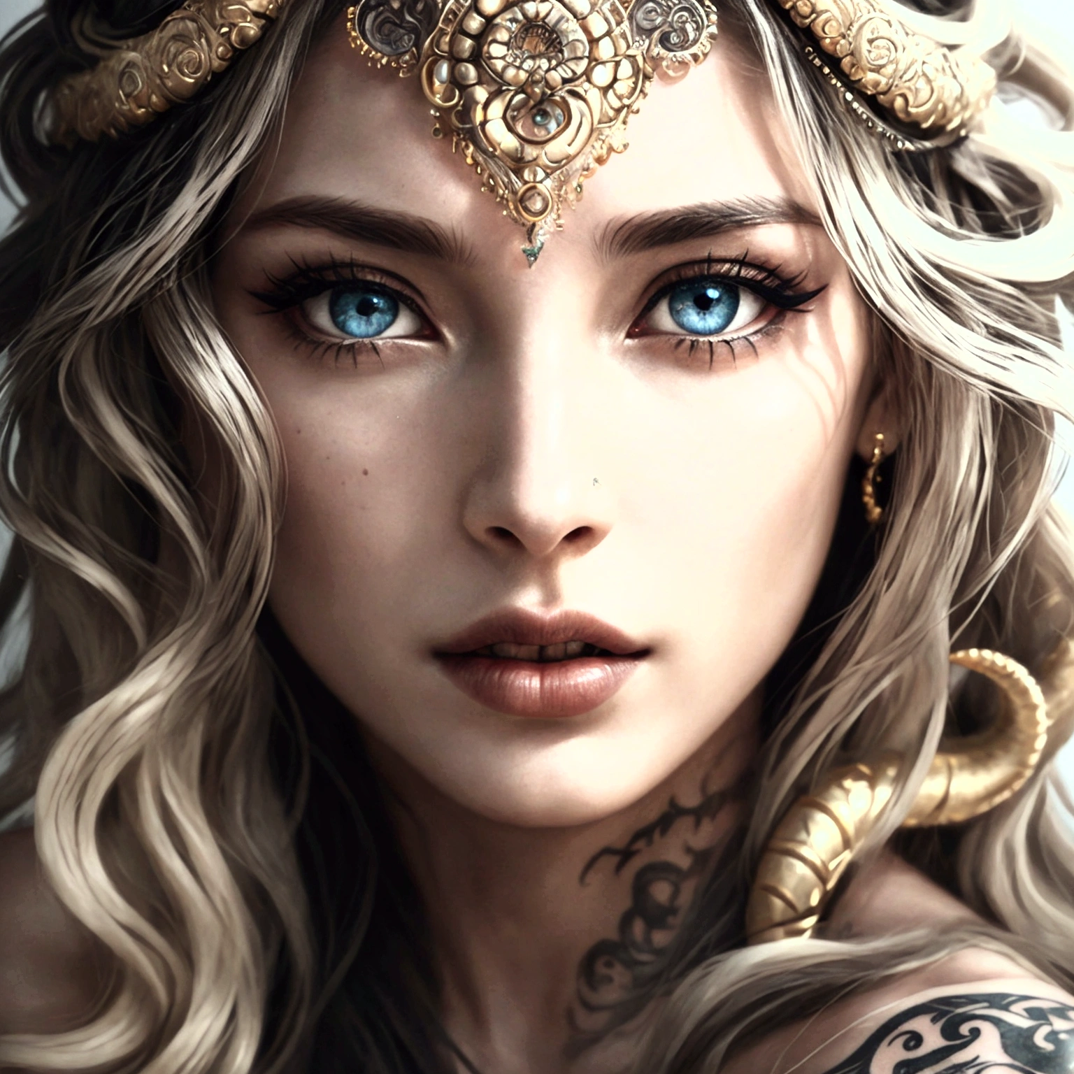 Photorealistic, high resolution, 1 woman, hips up, Beautiful eyes, Long hair, ringed eyes, jewelry, tattoo, medusa