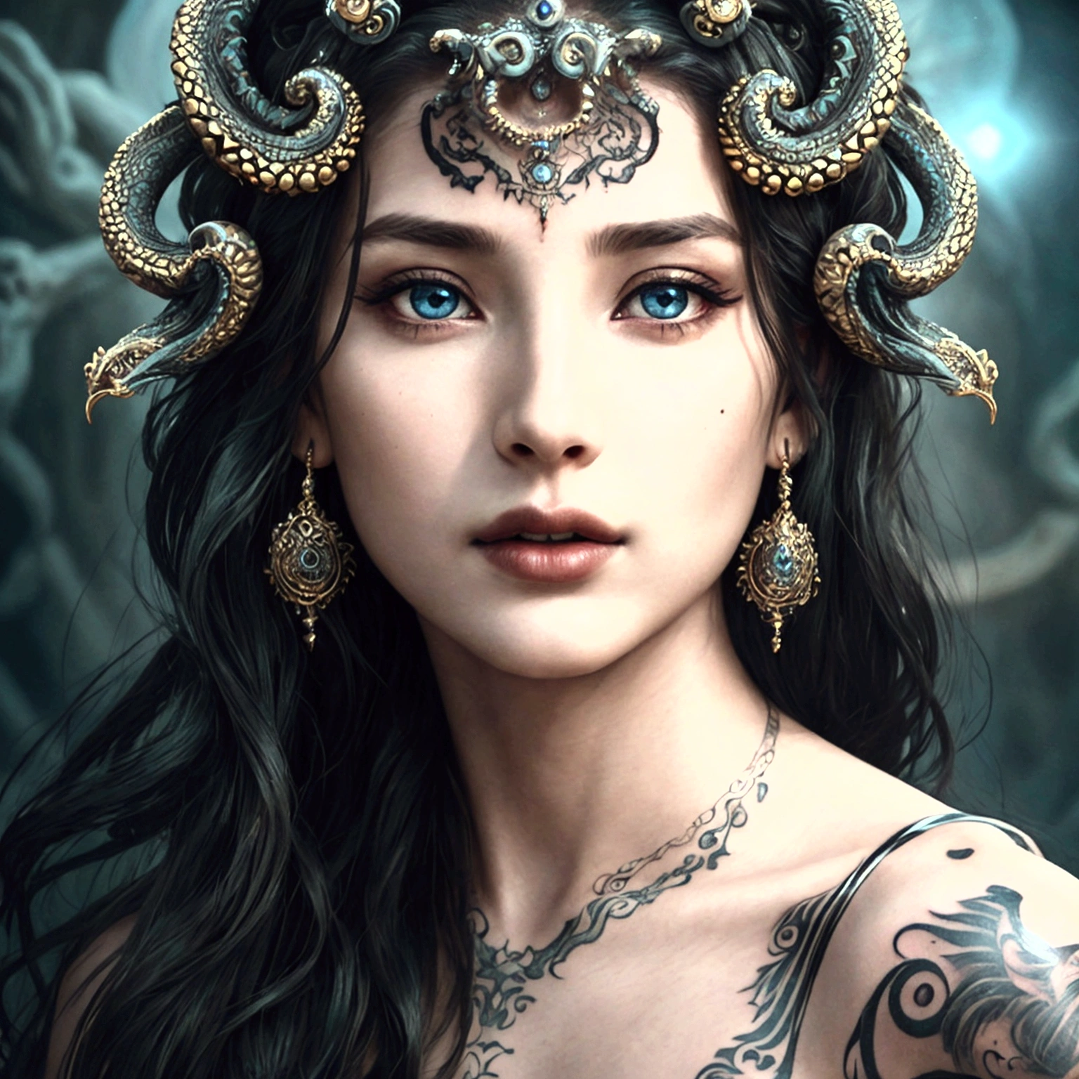 Photorealistic, high resolution, 1 woman, hips up, Beautiful eyes, Long hair, ringed eyes, jewelry, tattoo, medusa