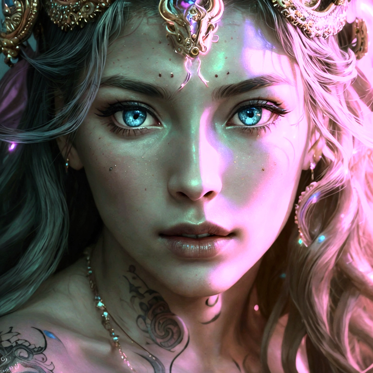 Photorealistic, high resolution, 1 woman, hips up, Beautiful eyes, Long hair, ringed eyes, jewelry, tattoo, medusa
