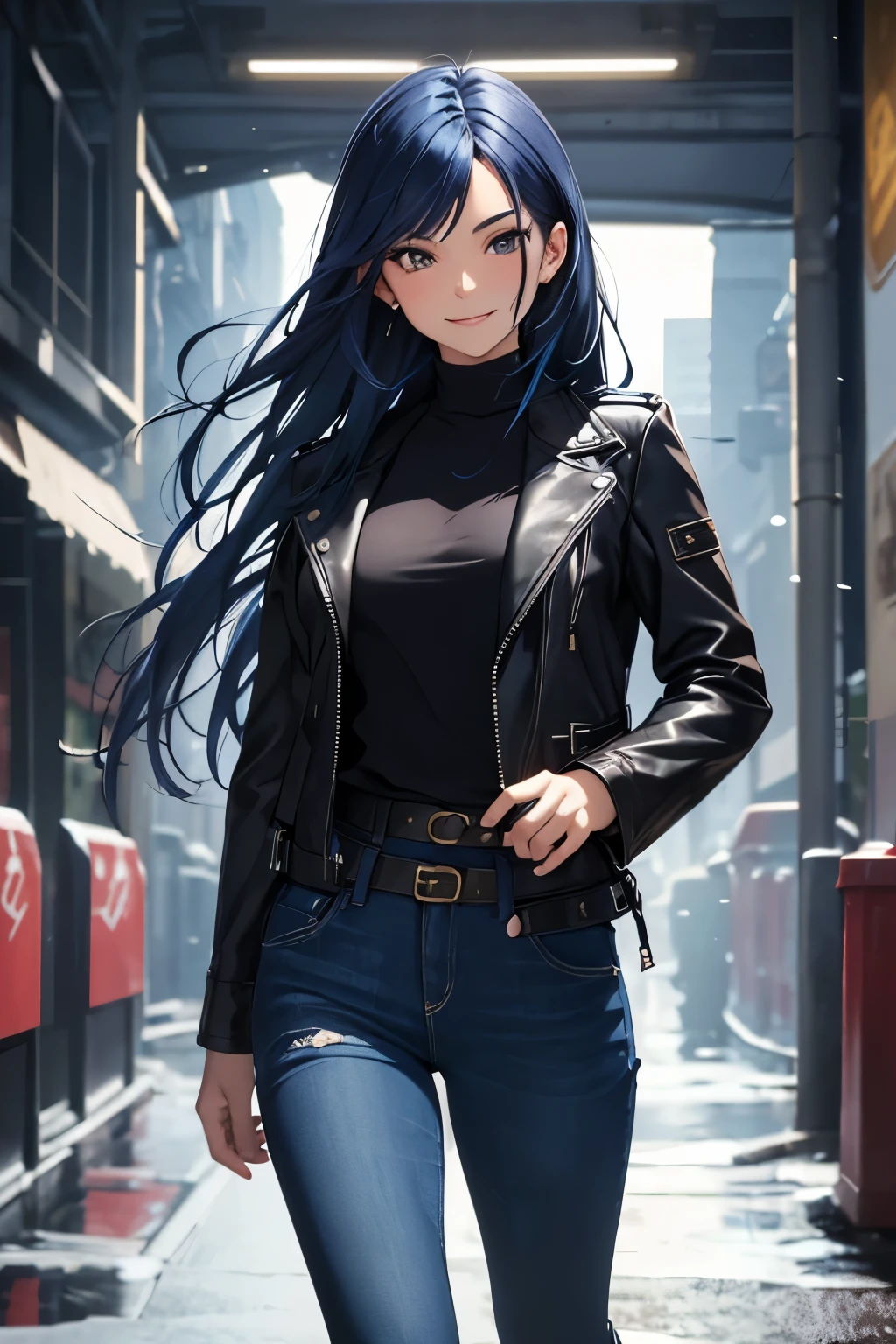 Masterpiece, best quality, 1girl, Russian ethnicity, dark blue hair, Russian spy, brown eyes, blue, hair, long hair, blue hair, solo, tailored leather jacket, fitted jeans, stylish boots, open clothing, smile, closed mouth, flowing hair, flowing down more one side, watch