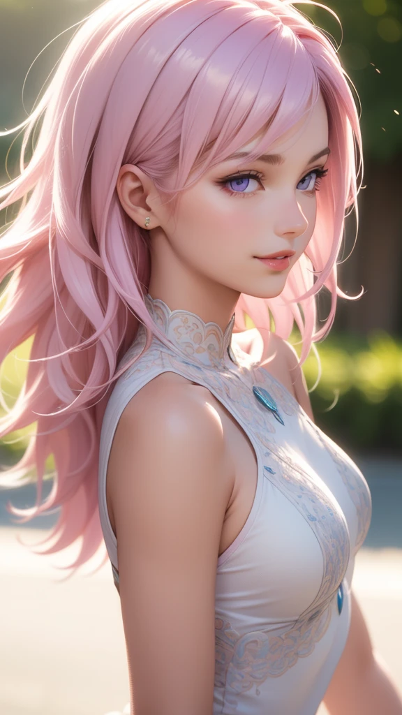 (masterpiece, best quality), intricate details, thin, ((slim)), beautiful girl, Light pink hair, light purple eyes, sharp jawline, Looking ahead , messy hair, lips, upper body, smirk, Possession for profile photo