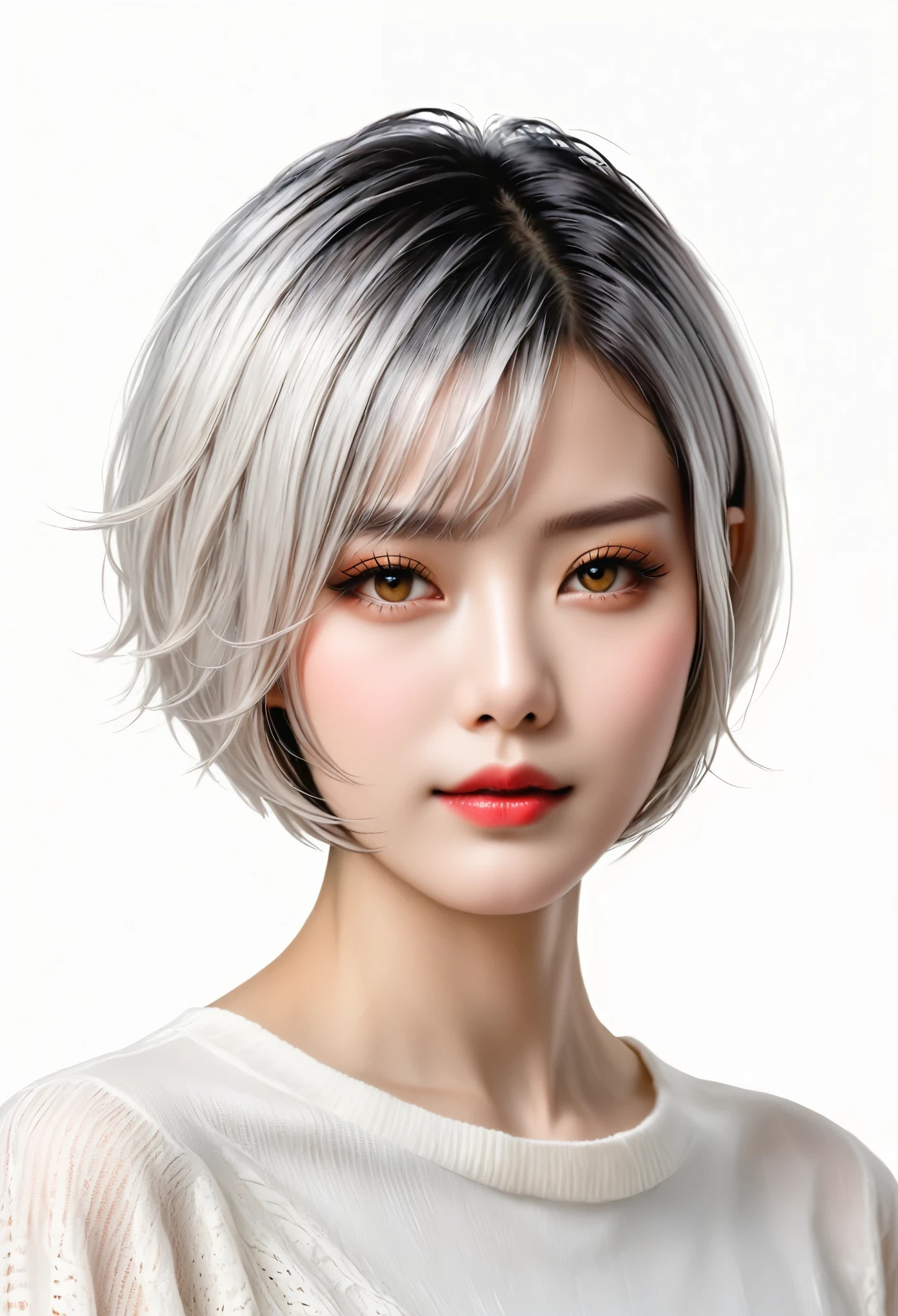 beautiful Japanese woman with short hair , white background