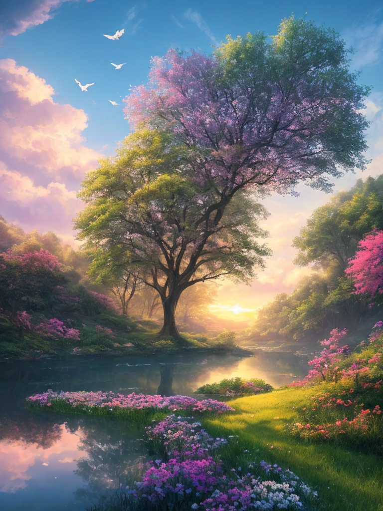 masterpiece, 最high quality, high quality,Very detailed CG unity 8k wallpaper, Enchanting and dreamy fantasy forest scenery, Seven-colored garden, hidden fairy valley, Creates a sense of mystery and fascination, Sky Blue Sky, White dove flies, Complex, sunset, pastel colour, Award-winning photography, Depth of written boundary, High resolution, bloom, chromatic aberration ,Realistic,Very detailed, White cloud, Trending on CGsociety, Complex, Attention to detail, dramatic, art：midjourney