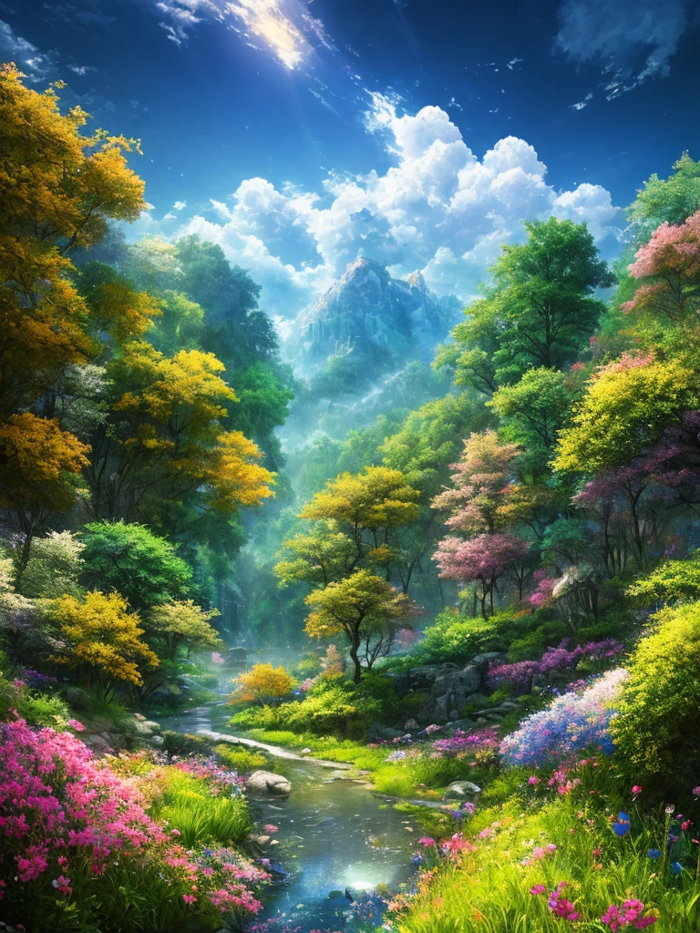 masterpiece, 最high quality, high quality,Very detailed CG unity 8k wallpaper, Enchanting and dreamy fantasy forest scenery, Seven-colored garden, hidden fairy valley, Creates a sense of mystery and fascination, Sky Blue Sky, White dove flies, Complex, sunset, pastel colour, Award-winning photography, Depth of written boundary, High resolution, bloom, chromatic aberration ,Realistic,Very detailed, White cloud, Trending on CGsociety, Complex, Attention to detail, dramatic, art：midjourney