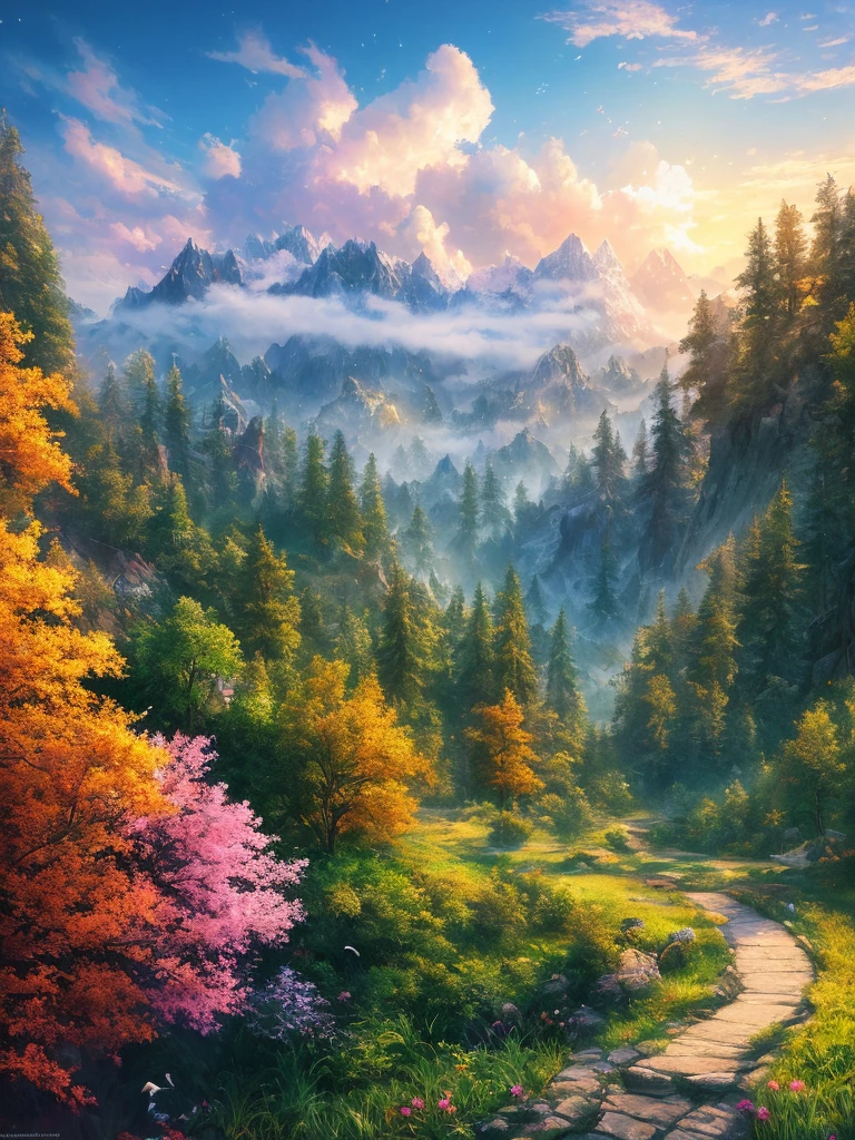 masterpiece, 最high quality, high quality,Very detailed CG unity 8k wallpaper, Enchanting and dreamy fantasy forest scenery, Seven-colored garden, hidden fairy valley, Creates a sense of mystery and fascination, Sky Blue Sky, White dove flies, Complex, sunset, pastel colour, Award-winning photography, Depth of written boundary, High resolution, bloom, chromatic aberration ,Realistic,Very detailed, White cloud, Trending on CGsociety, Complex, Attention to detail, dramatic, art:midjourney