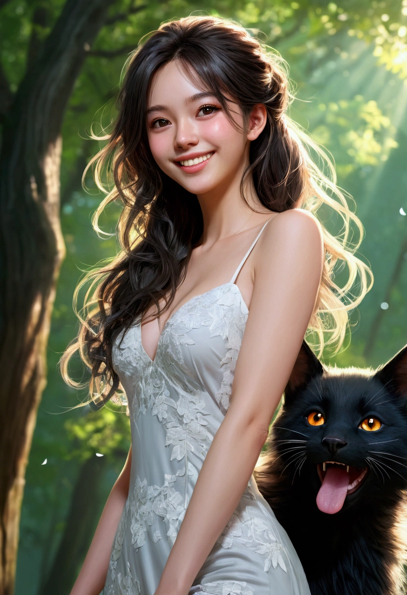 (masterpiece), (Best Quality), (Super detail), (messy hair), (illustration), (1 Girl), (interview), (Brief background), beautiful detailed eyes, beautiful and delicate face, floating, (high saturation), (shine), Focus on face, black fur, hits, full smile, floating Hair. Girl, wearing a fitted dress, (tight), prominent neckline, Side opening, (exposed thigh),maiden in love, illustration pixiv, top quality, Super detailed, smile, intelligent, beautiful face, 4k, nature, sunlight through the trees,