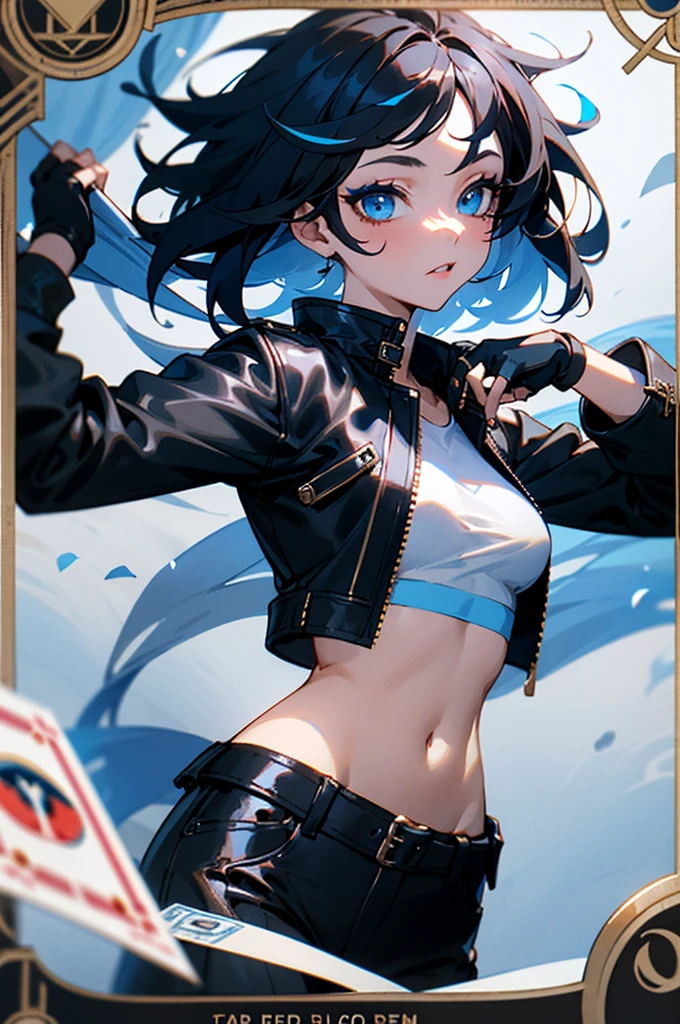 A woman with messy medium black hair with a blue streak, blue eyes, clear skin, wearing make-up, medium breasts, wearing a black leather jacket, wearing a small whiye top, black fingerless gloves, holding a deck of tarot cards