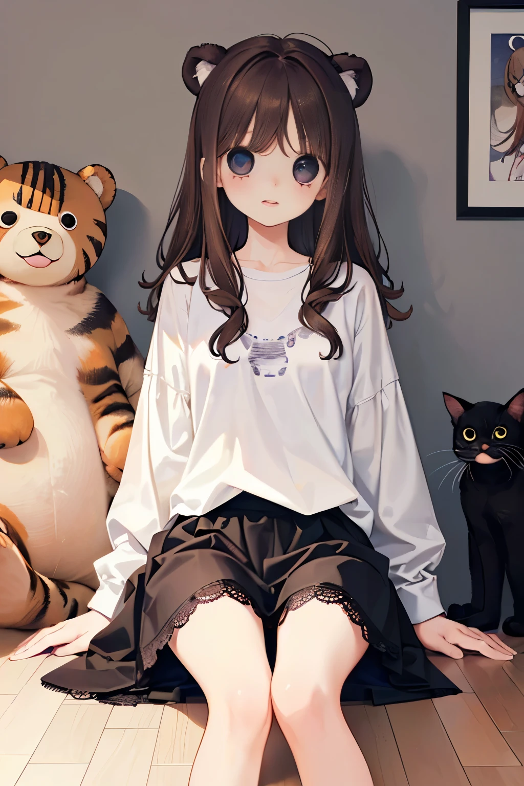 beautiful cute girl,((brown hair:1.2)),(Medium wave hair:1.1),(Starlight beige eyes:1.2),(cute bear and cat:1.2),((lace:1.2)),(首を傾げる:1.3),((Happiness:1.1)),(sitting on the floor with one's legs tucked under to one side:1.15),close-up Face,((room:1.0)).
