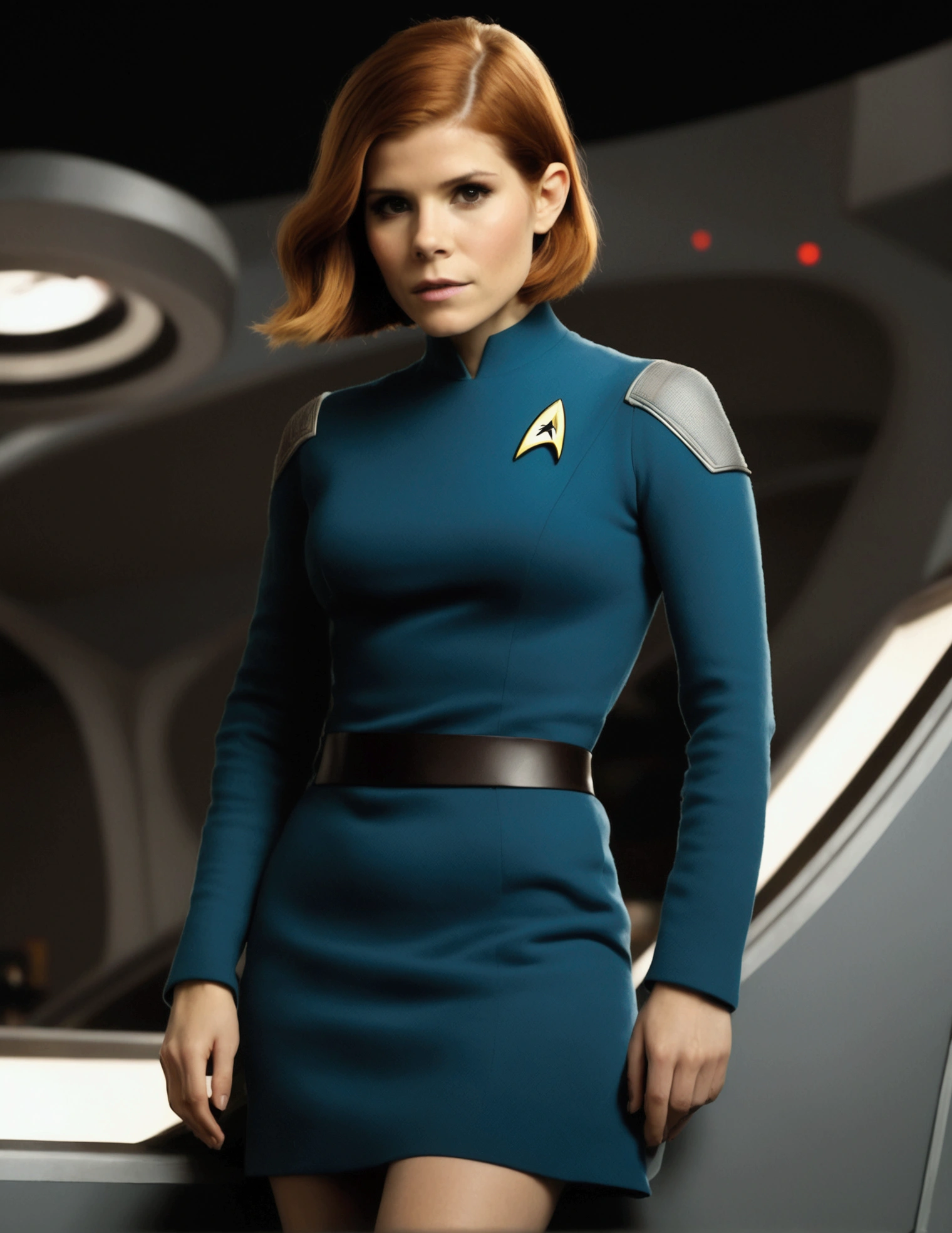 Kate Mara, age 25, short skirt Yeoman on the 60s Star Trek Enterprise. She is bringing a message to Captain Kirk on the bridge.
