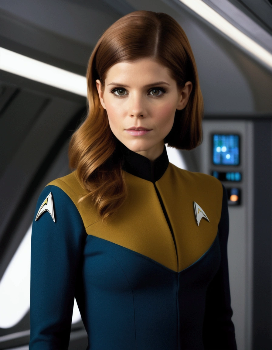 Kate Mara, age 25, short skirt Yeoman on the 60s Star Trek Enterprise. She is bringing a message to Captain Kirk on the bridge.