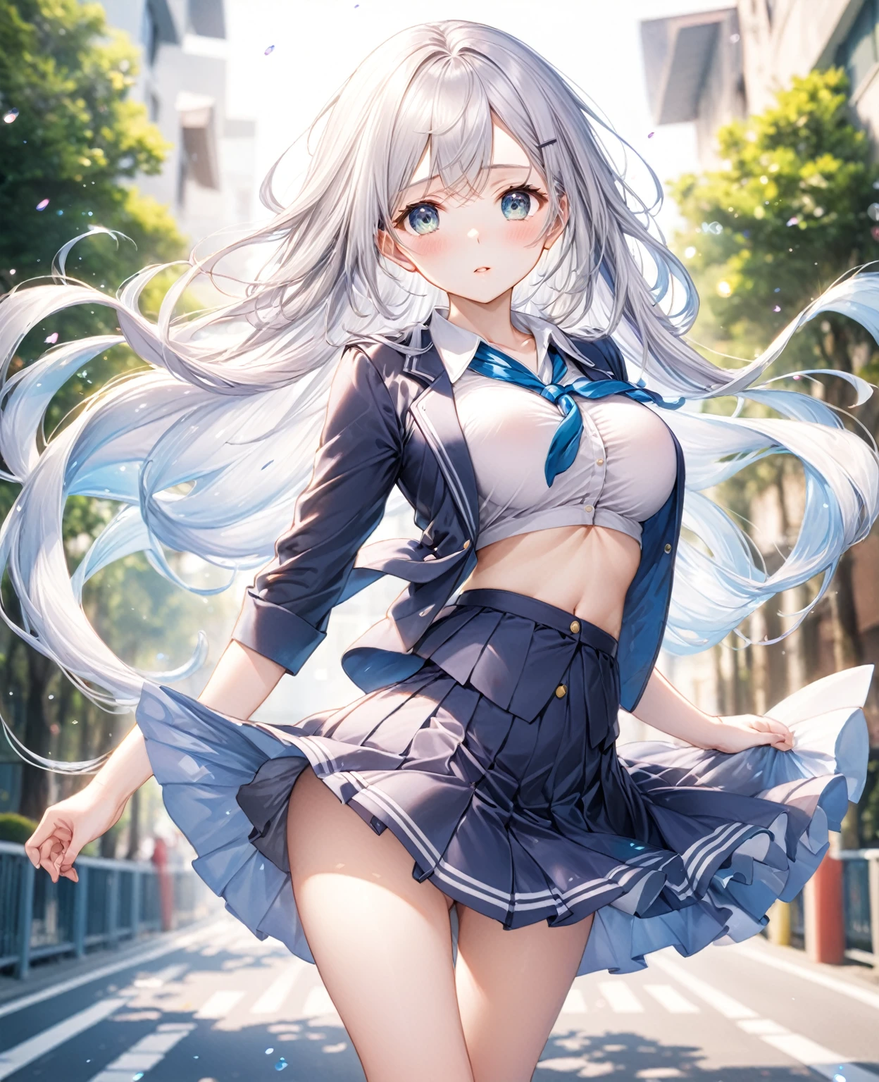 (Highest quality,8k,32K,masterpiece,Ultra-high resolution :1.2 ),born,One girl,Super cute,Natural light,Clear, shining eyes,20-year-old,Fair skin,A fantasy background of an electronic world like a school road,Silver Hair,Long Hair,Large Breasts,マイクロbikini,bikini,uniform,学born服,In front of school,Strong winds,The wind is blowing,Her skirt is fluttering,Fluttering Skirt,Holding down skirt