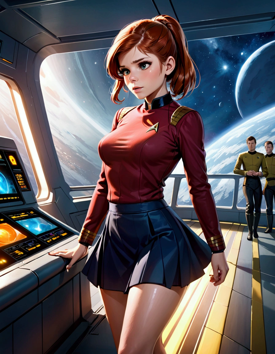 Kate Mara, age 25, short skirt Yeoman on the 60s Star Trek Enterprise. She is bringing a message to Captain Kirk on the bridge.
