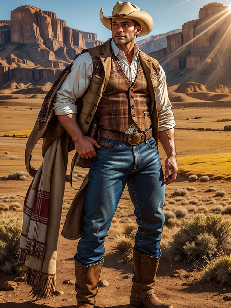  illustration in Leyendecker style; photo of jjperson , standing on a ranch, dressed as a cowboy, shirt, vest, pants, chaps, jeans, plaid, belt, natural sunlight, rustic-aesthetic, sweeping western landscape background