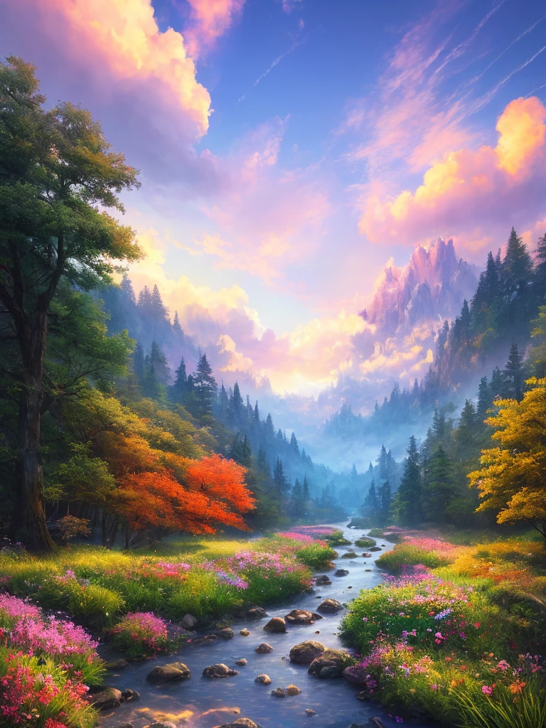 masterpiece, 最high quality, high quality,Very detailed CG unity 8k wallpaper, Enchanting and dreamy fantasy forest scenery, Seven-colored garden, hidden fairy valley, Creates a sense of mystery and fascination, Sky Blue Sky, White dove flies, Complex, sunset, pastel colour, Award-winning photography, Depth of written boundary, High resolution, bloom, chromatic aberration ,Realistic,Very detailed, White cloud, Trending on CGsociety, Complex, Attention to detail, dramatic, art:midjourney