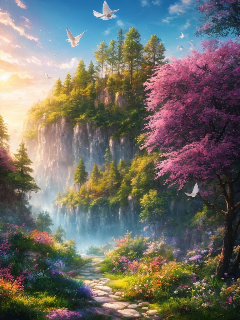 masterpiece, 最high quality, high quality,Very detailed CG unity 8k wallpaper, Enchanting and dreamy fantasy forest scenery, Seven-colored garden, hidden fairy valley, Creates a sense of mystery and fascination, Sky Blue Sky, White dove flies, Complex, sunset, pastel colour, Award-winning photography, Depth of written boundary, High resolution, bloom, chromatic aberration ,Realistic,Very detailed, White cloud, Trending on CGsociety, Complex, Attention to detail, dramatic, art：midjourney
