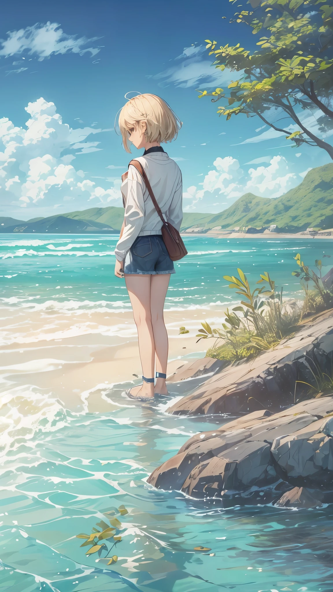 A 20 years old girl standing alone on a small island in the sea、there is nobody in the island,A girl in her 20s with short blonde hair