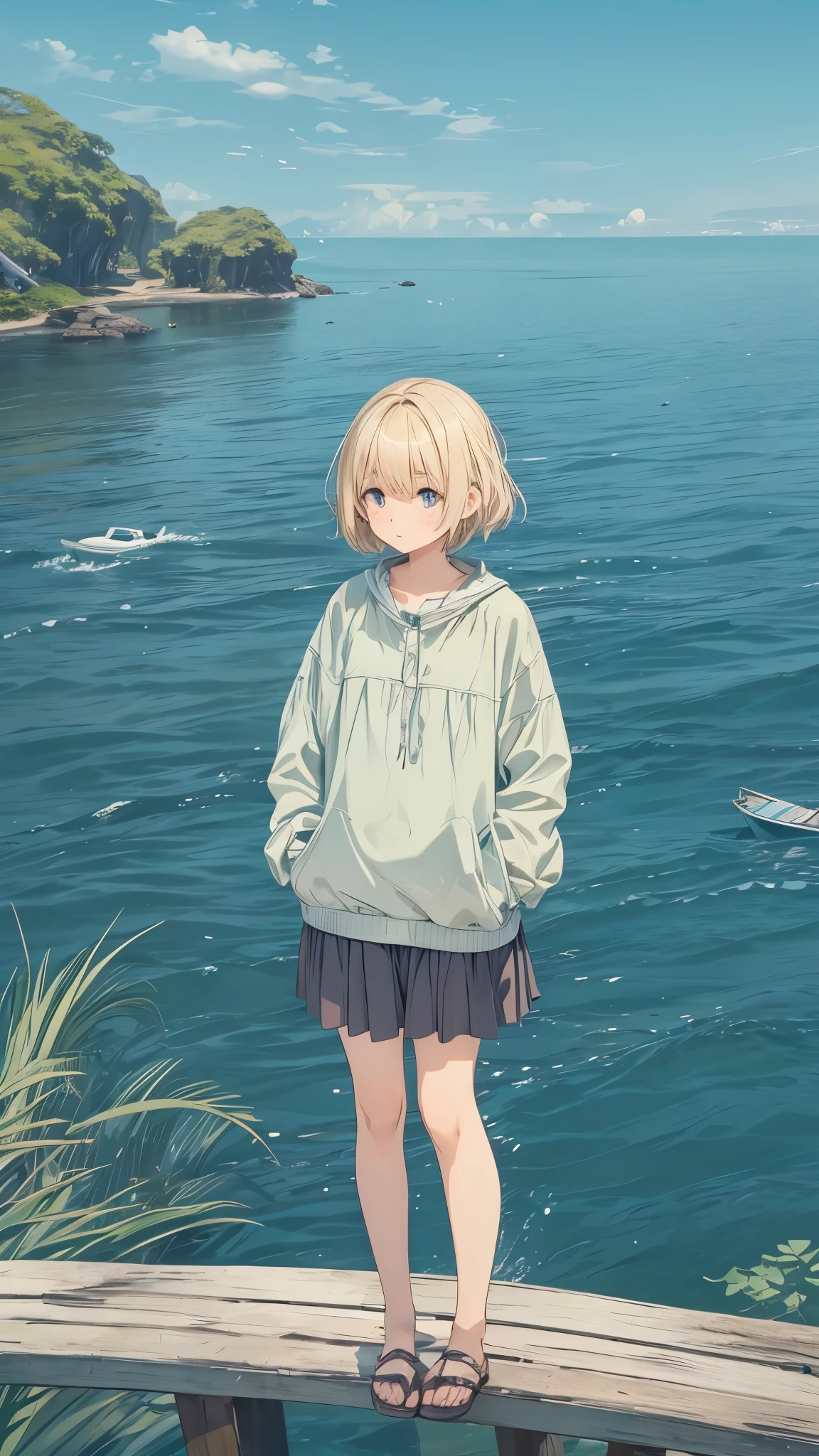 A 20 years old girl standing alone on a small island in the sea、there is nobody in the island,A girl in her 20s with short blonde hair