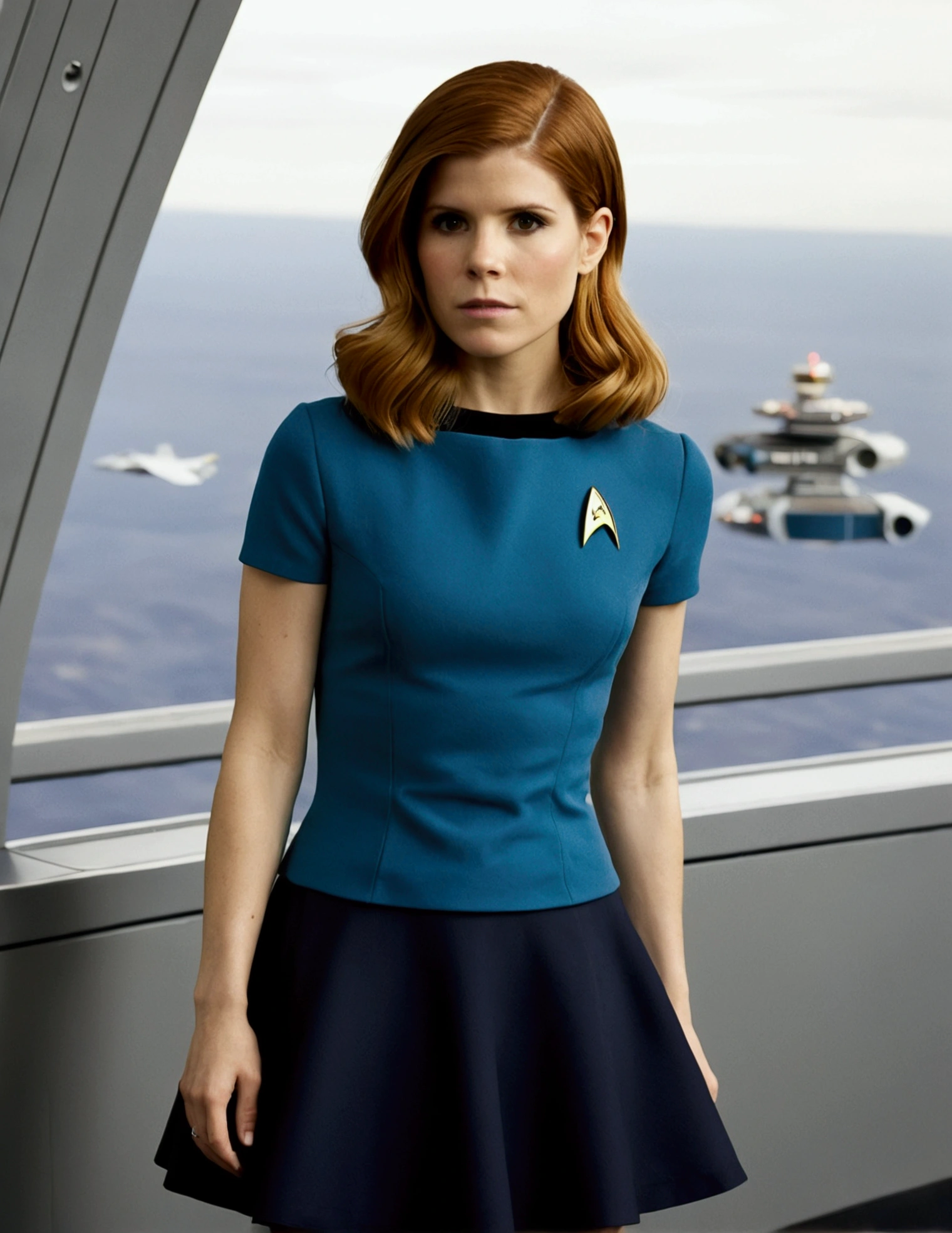 Kate Mara, age 25, short skirt Yeoman on the 60s Star Trek Enterprise. She is bringing a message to Captain Kirk on the bridge.