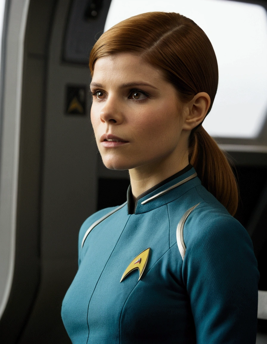 Kate Mara, age 25, short skirt Yeoman on the 60s Star Trek Enterprise. She is bringing a message to Captain Kirk on the bridge.