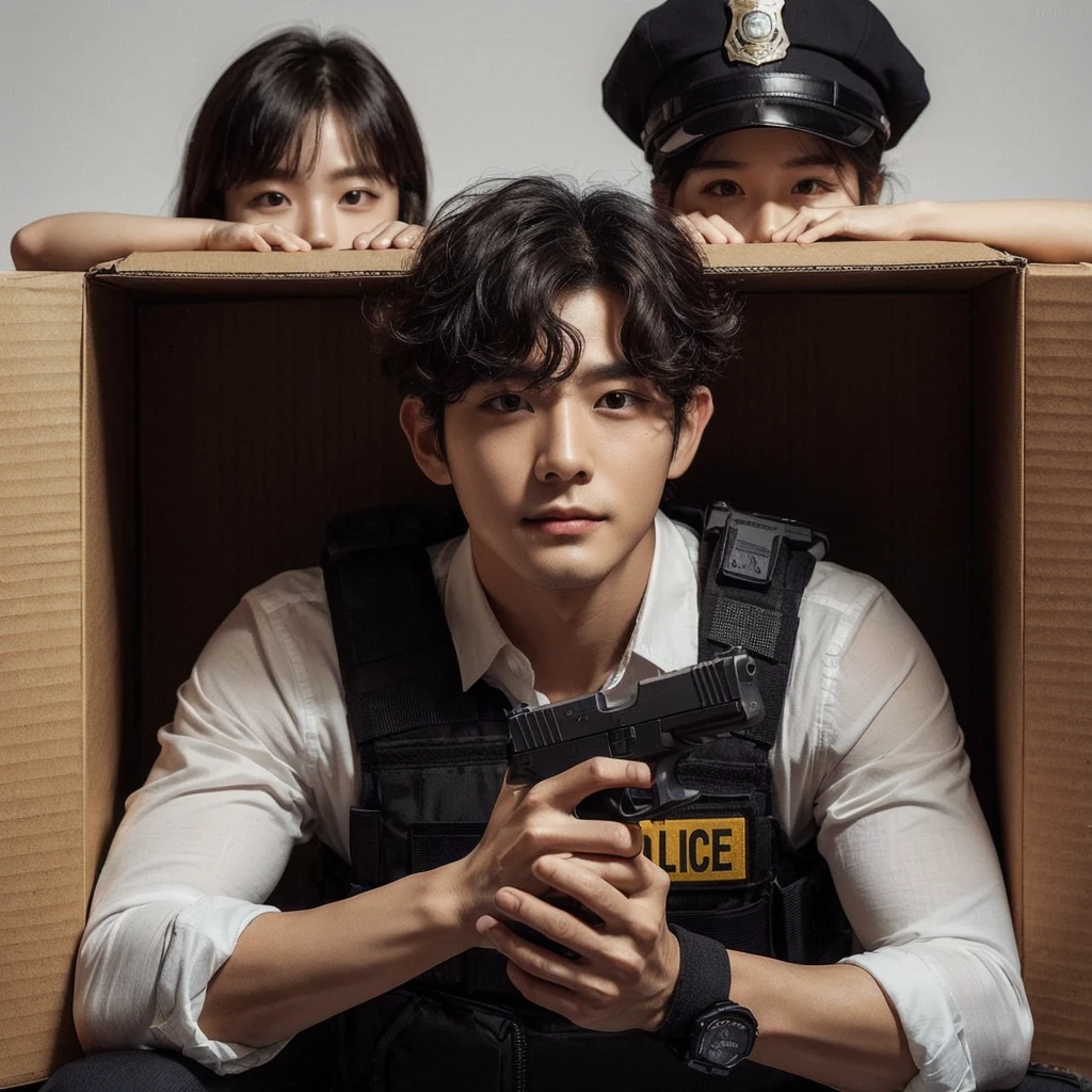 a stunning photo of a ((korean man clean face,with very short wavy curly hair)),wearing white Shirt,kevlar with a replica Glock17 is hiding behind the boxwall.the opposite boxwall is a woman as detective wearing tactical kevlar is carrying a replica HS9,watching him.On top of the boxwall is a wearing police chief clothes,she smiling and laying watching at the two of them from above.plain background,Cinematic,professional photography