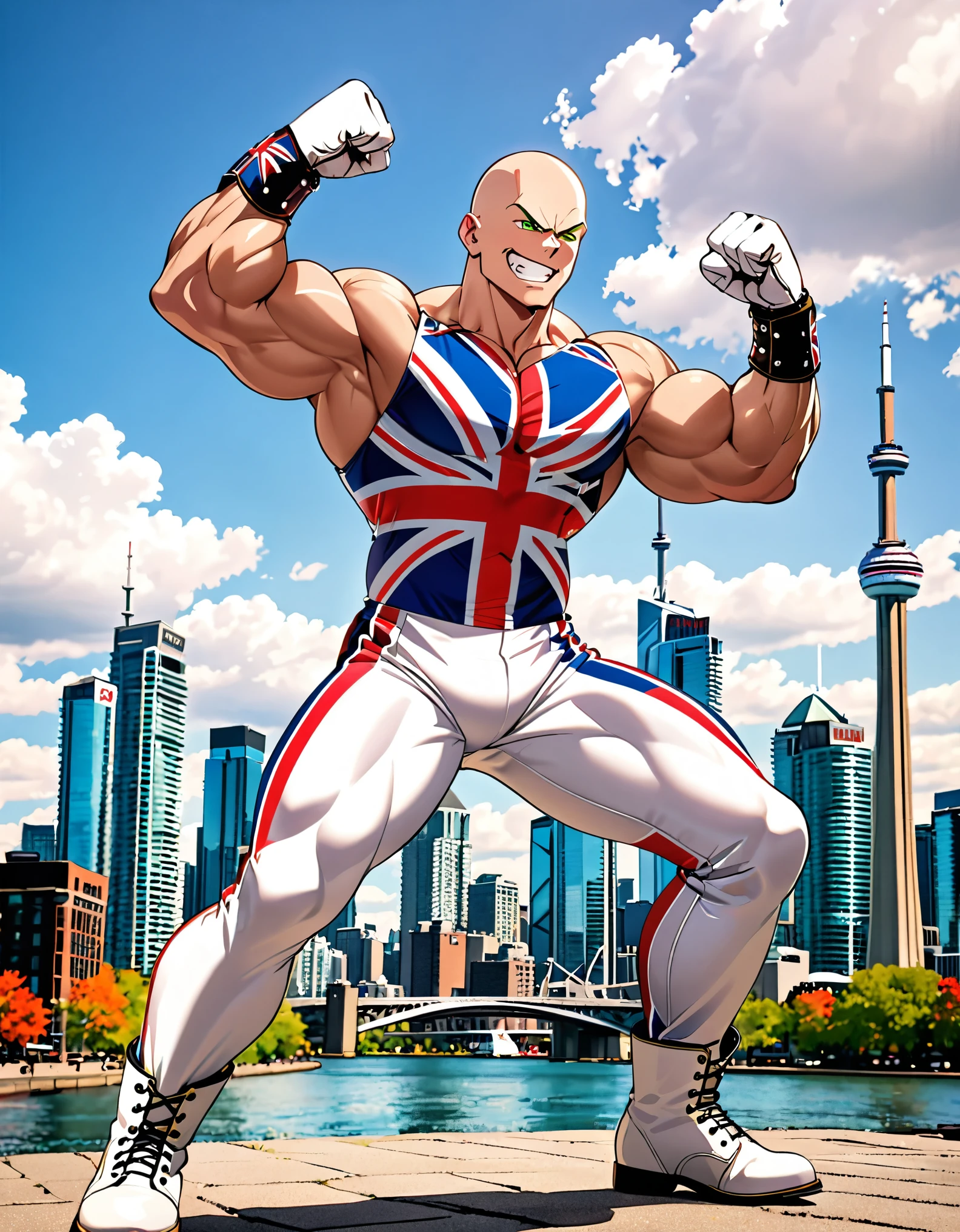 (masterpiece), (best quality), (high res), 1boy, solo, solo focus, male focus, bald head, green eyes, full body, British, muscular, pectorals, union jack wrestling outfit, thigh pants, white boots, matching boots, white gloves, matching gloves, union jack \(tattoo\) on chest. dynamic flexing pose, flexing his muscles, smug look, big smile, clenched teeth, semi-cartoon style, Toronto city backdrop, daytime, Cowboy Shot, clenched fists.