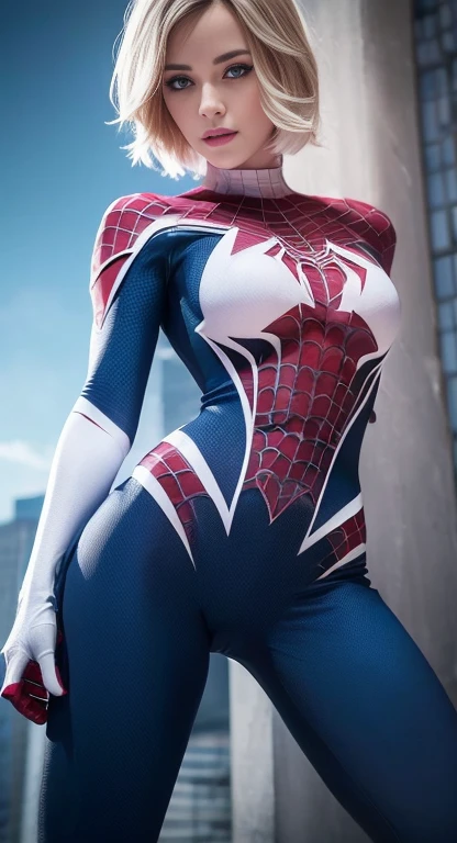 (One girl: 1.3), alone, beautiful face, (((extremely Detailed face))),(((extremely Detailed face and eyes)),beautiful detailed eyes, Body parts__, Official Art, 8k unified wallpaper, Very detailedな, beautiful and aesthetic, beautiful, masterpiece, 最high quality, born, masterpiece, Ultra-thin photo, 最high quality, Ultra-high resolution, photorealistic realism, sunlight, Full body portrait, Great beauty, short blonde haircut, Dynamic pose, Delicate face, Bright blue eyes, (from the front), She is wearing a nylon outfit (inspired by Spiderman costume), Cosplay ('/snow/'), red, Transparent white and black color scheme, Top floor of a skyscraper, Very detailed, Detailed face, Detailed, intricate and busy background, Messy, beautiful, milky, Very detailedな肌, Realistic skin detail, Visible pores, Sharp focus, Volume Mist, 8K Ultra HD, Digital SLR, high quality, Film Grain, Fair skin, Photorealism, Lomography, Future dystopian megacity, View from below, translucent