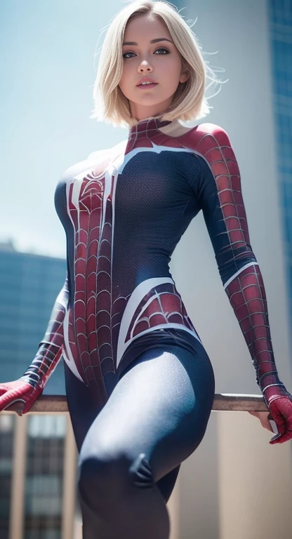 (One girl: 1.3), alone, beautiful face, (((extremely Detailed face))),(((extremely Detailed face and eyes)),beautiful detailed eyes, Body parts__, Official Art, 8k unified wallpaper, Very detailedな, beautiful and aesthetic, beautiful, masterpiece, 最high quality, born, masterpiece, Ultra-thin photo, 最high quality, Ultra-high resolution, photorealistic realism, sunlight, Full body portrait, Great beauty, short blonde haircut, Dynamic pose, Delicate face, Bright blue eyes, (from the front), She is wearing a nylon outfit (inspired by Spiderman costume), Cosplay ('/snow/'), red, Transparent white and black color scheme, Top floor of a skyscraper, Very detailed, Detailed face, Detailed, intricate and busy background, Messy, beautiful, milky, Very detailedな肌, Realistic skin detail, Visible pores, Sharp focus, Volume Mist, 8K Ultra HD, Digital SLR, high quality, Film Grain, Fair skin, Photorealism, Lomography, Future dystopian megacity, View from below, translucent