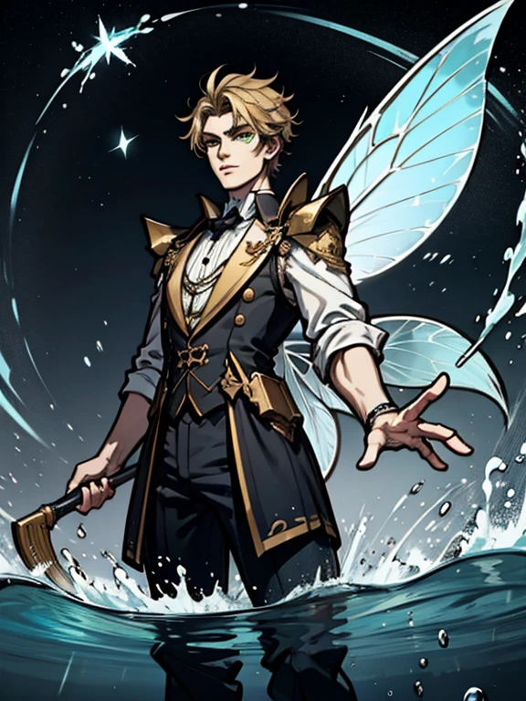 green eyed man with fairy wings on his head with dark blonde hair 18 years old handsome 4K with water powers and water fairy wings with fish flying around and water drops