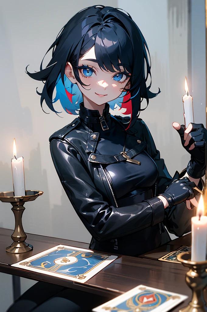 A woman with messy medium black hair with a blue streak, blue eyes, clear skin, wearing make-up, smiling, medium breasts, wearing a black leather jacket, wearing a small white top, black fingerless gloves, holding a deck of tarot cards, sitting at table, candles on either side of table,